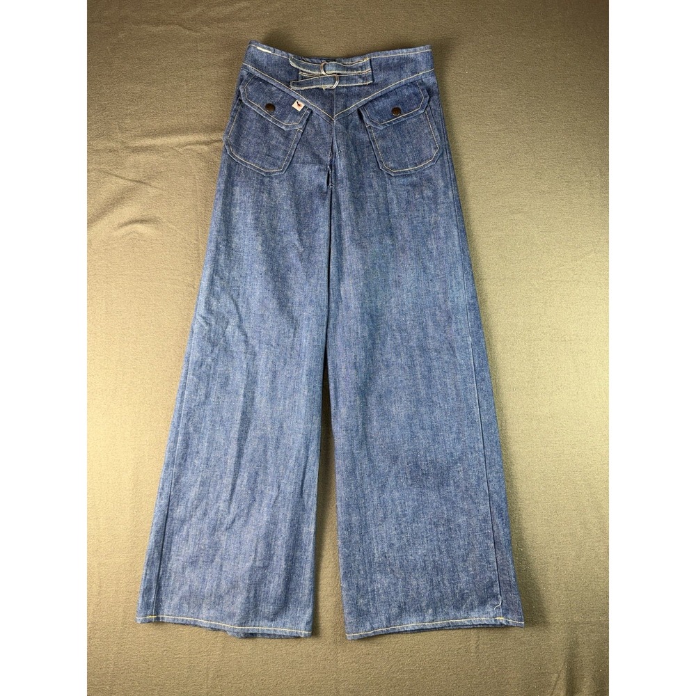 Vintage 70s Wide Leg High Rise Denim Pants Double D Ring Buckle Women 26 Blue